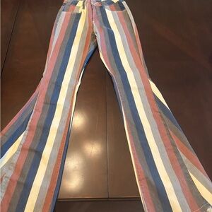 Altar’d State Striped Flare Jeans in Blue, Yellow, and Brown